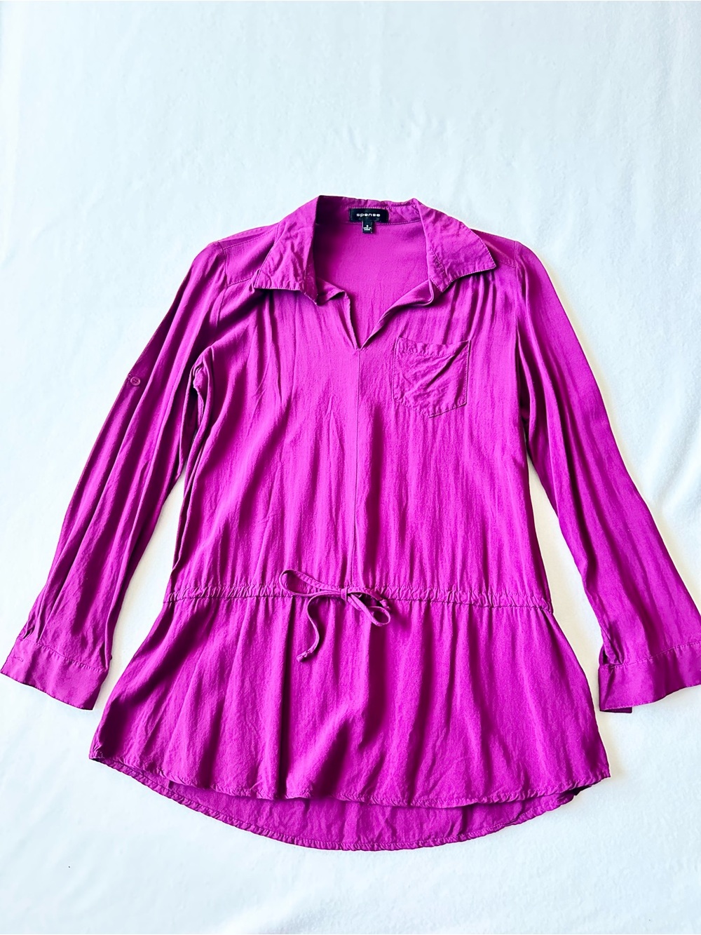 Spense Women Long Sleeve Blouse Small Magenta Drawstring Waist Pocket Top